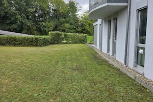 Gepflegter Garten mit sauberem Rasen neben Wohnhaus