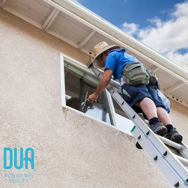 Fensterreiniger, der Fenster auf einer Leiter reinigt